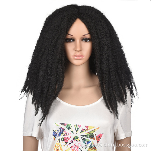 Synthetic Afro Wigs Middle Part Wig Kinky Curly Yaki Straight 16 Inch Long Fluffy Hair for African Women None Lace Wigs 130%